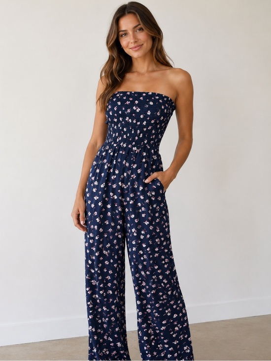 Socialite Pants - Socialite Navy Strapless Floral Wide Leg Jumpsuit size small with pockets